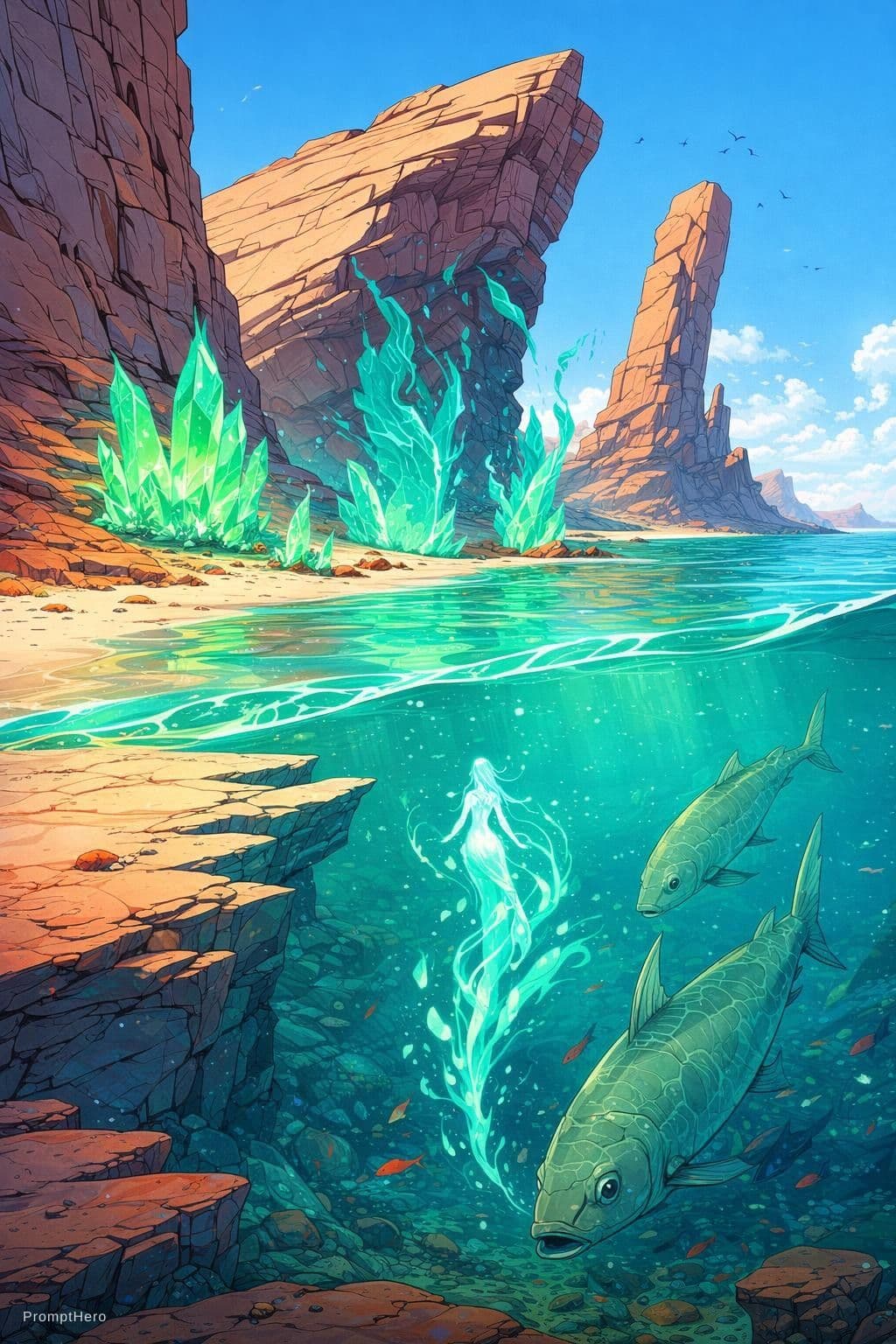 AI generated: "Vibrant coastal fantasy landscape with towering jagged rock formations, turquoise water revealing u...