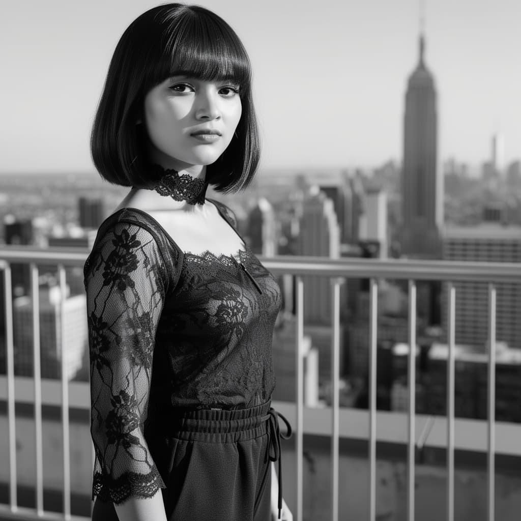 AI generated: The image is a vertical, high-quality black-and-white portrait of a side view of a beautiful young E...