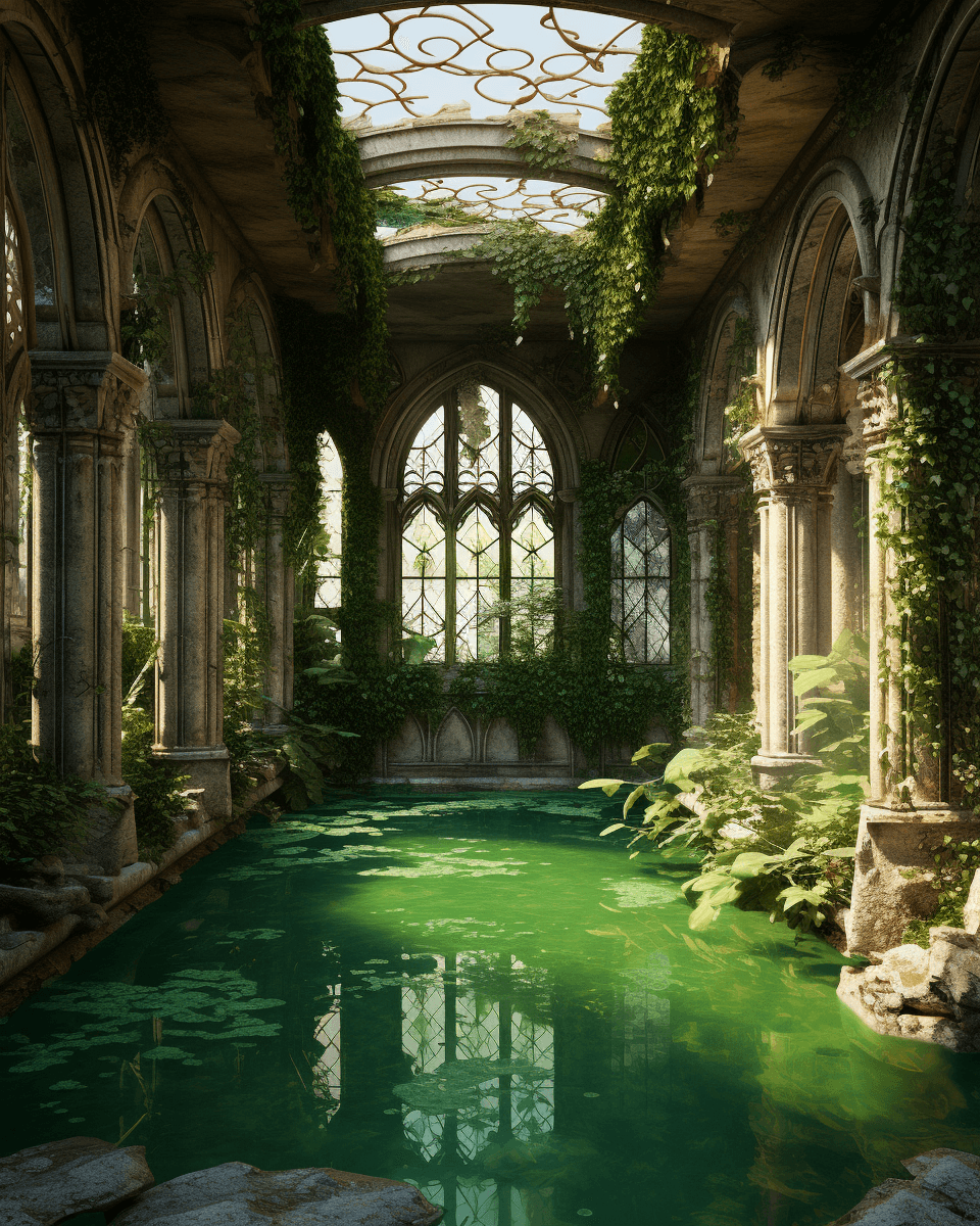 AI generated: house swimming pools with lush ivy, in the style of post-apocalyptic ruins, pre-raphaelite-inspired,...
