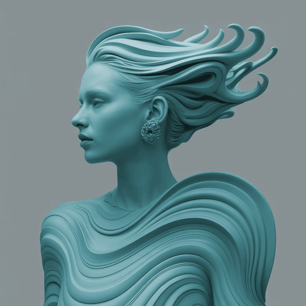 AI generated:  an image of a person with a flowing, sculptural hairstyle and garment that echo the movement of wat...