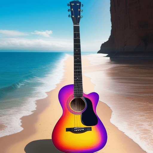 AI generated: una guitarra colorida que viaja en un barco, esta en el oceano, se oculta el sol, se escriben notas ...