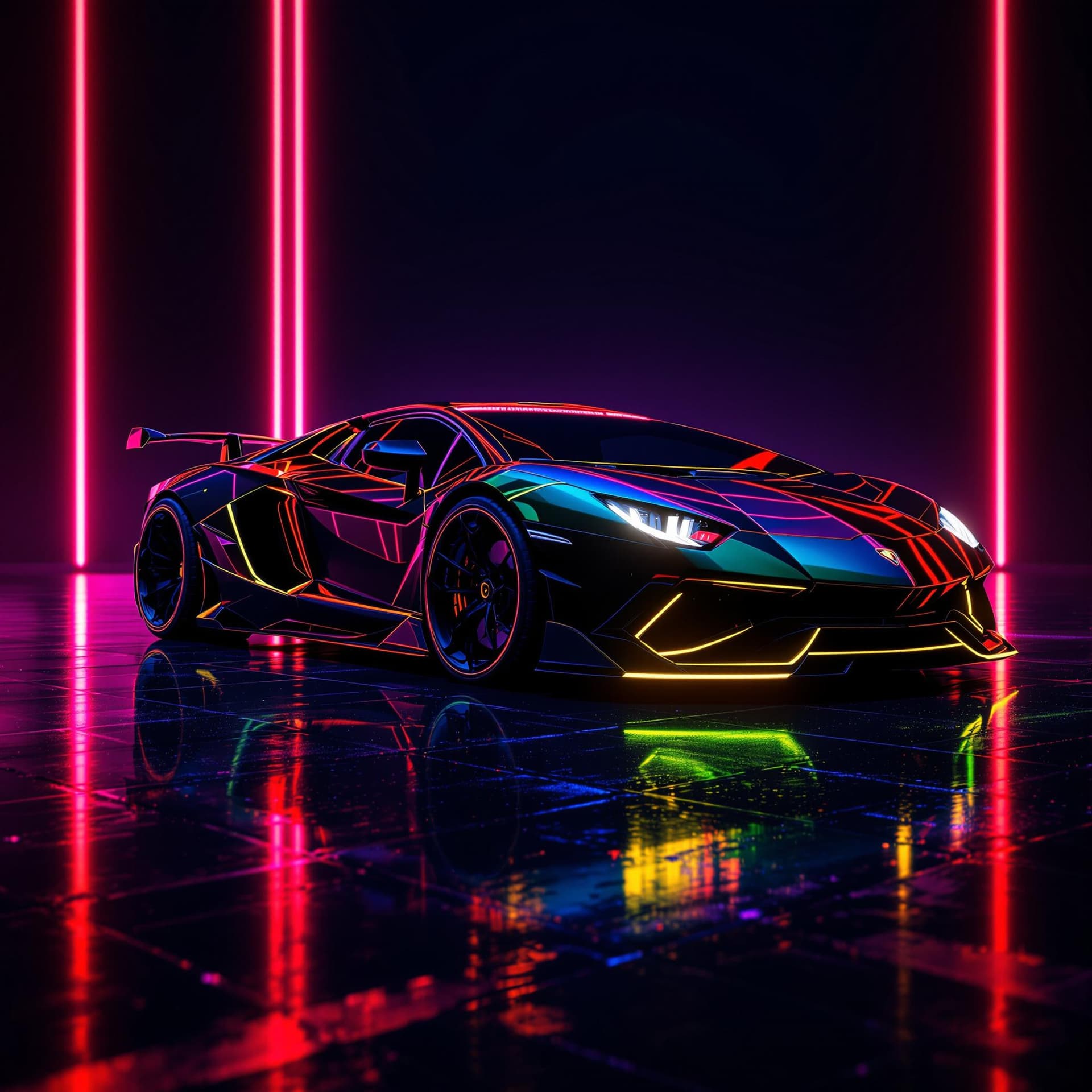 AI generated: lamborghini sports car with neon highlights with a dark cyberpunk background and glossy floor reflec...