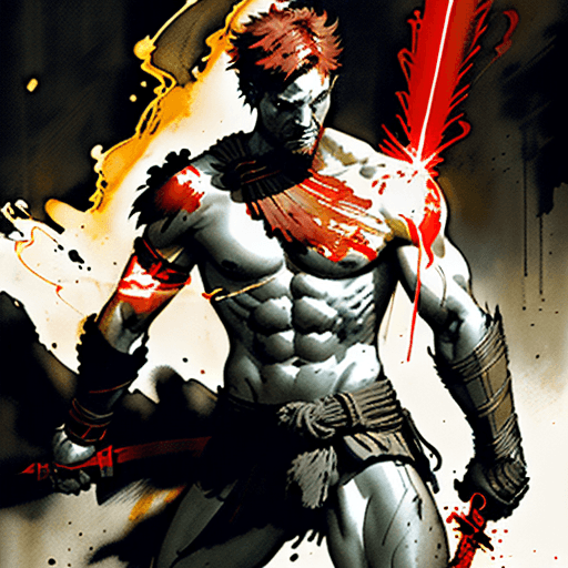 AI generated: ancient spartan man, short red hair, wielding a sword of light, golden left forearm, his spirit burn...