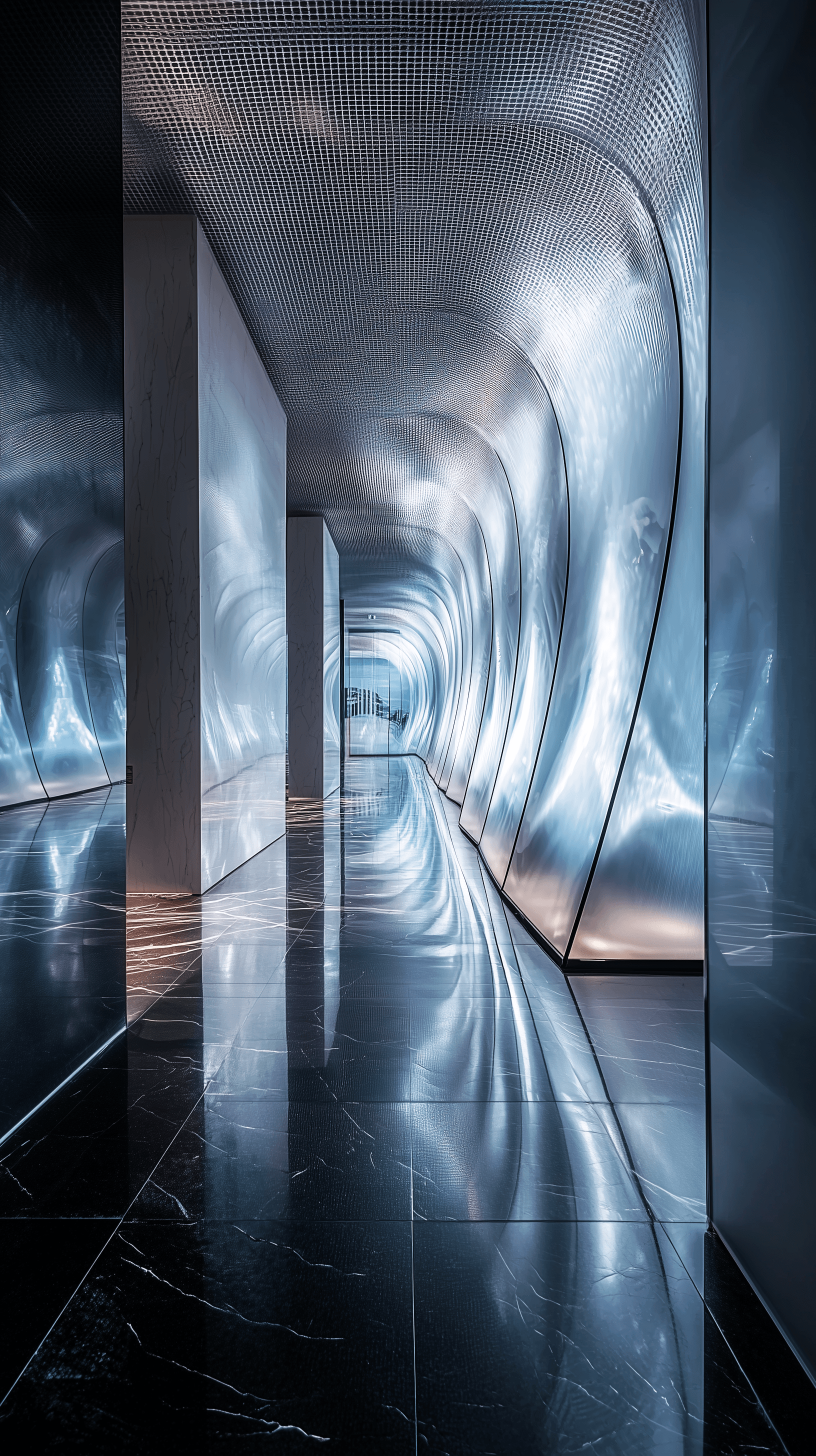 AI generated: contemporary art gallery entrance with cascading light sculptures, minimalist curved light installat...