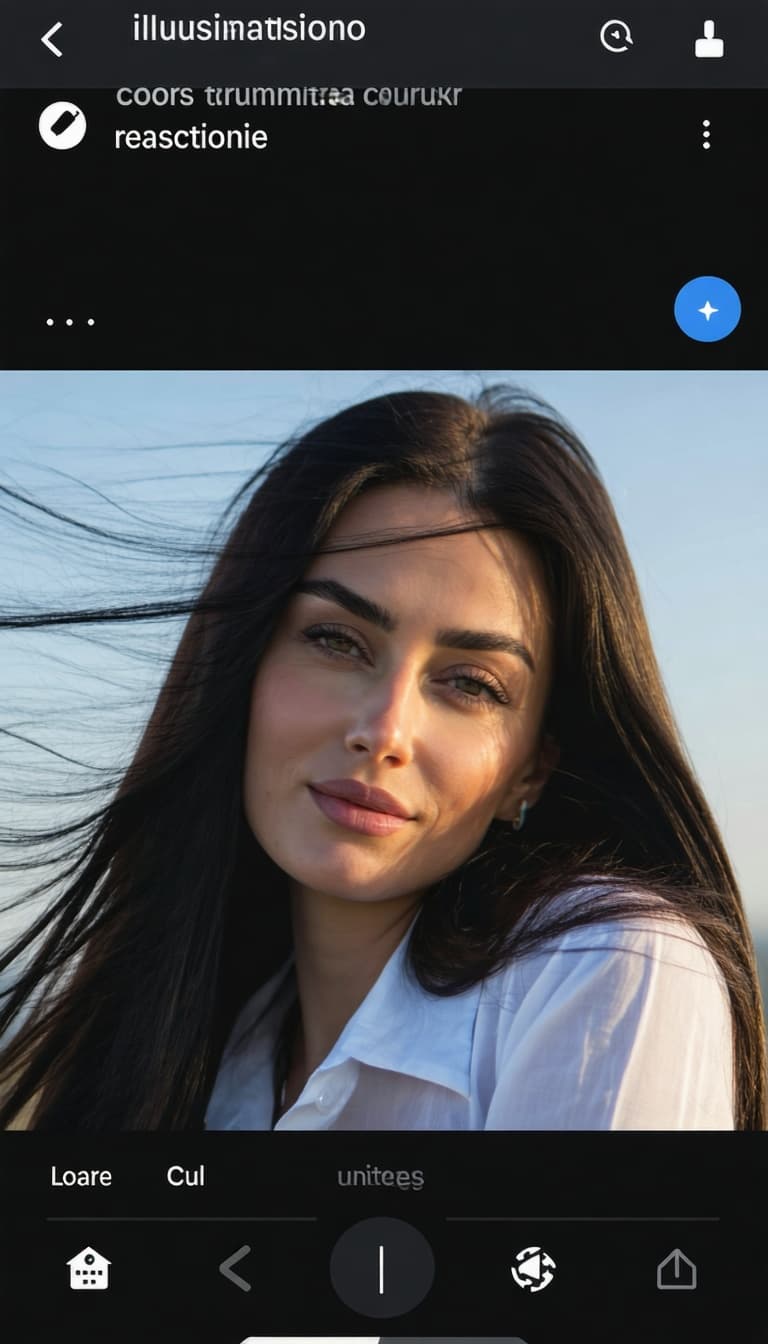 AI generated: Portrait of a female with long blach hair, wearing a white shirt, digital colors, subtle illuminatio...