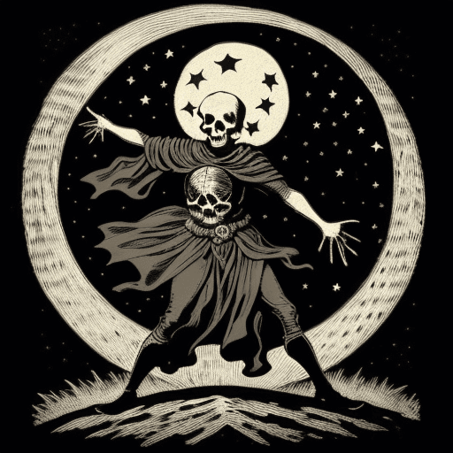 AI generated: A Skull dancing on a hill, stars in sky, moon with face in sky, alchemical art, medieval woodcut art...