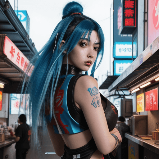 AI generated: cyberpunk girl in front of a ramen stand. Anime style. Her hair is long, messy and blue. Paprika sty...
