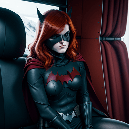 AI generated: Rose Leslie dressed as Batwoman, sitting in the back of a van, with her hands behind her back, betwe...