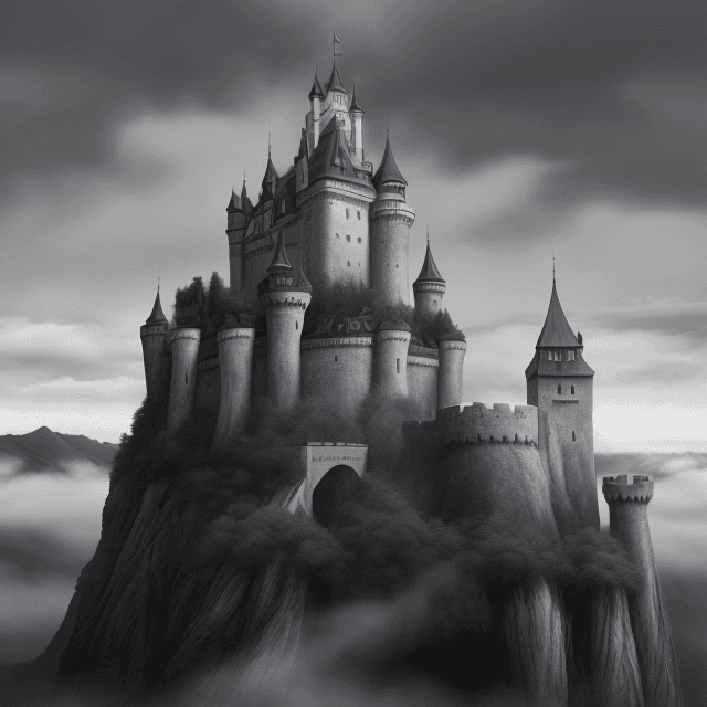 AI generated: this is a cover for kina, it shows a healthy castle, fog, dark colors, gray and black