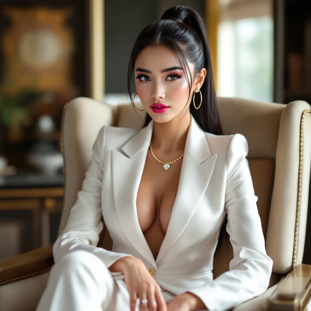 AI generated: a beautiful alluring Asian in a designer white and gold business suit sitting on an executive chair ...