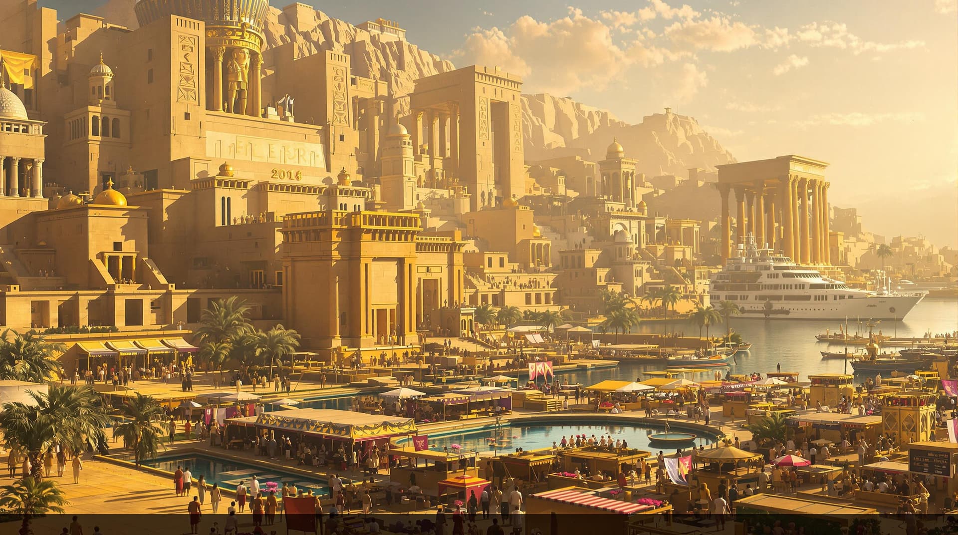 AI generated: The year is 300 BC (all people with ancient egyptian etire)
- The Great Palace complex with limeston...