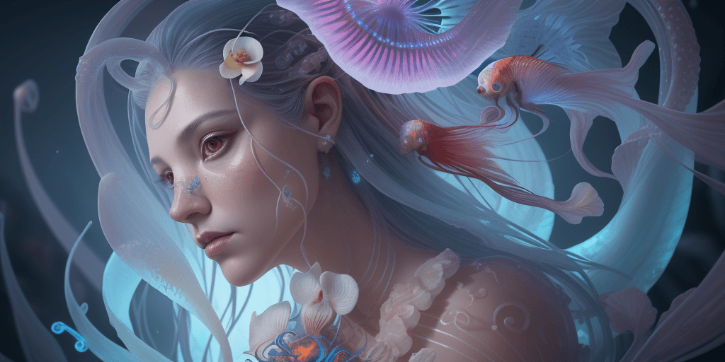 AI generated: Goddess close-up portrait ribcagel. jellyfish phoenix head, nautilus, orchid, skull, betta fish, bio...