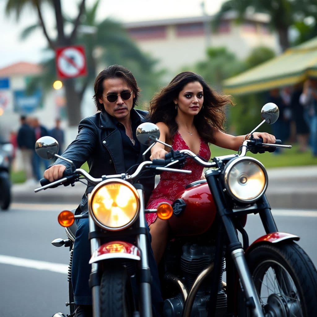 AI generated: a scene from the movie on the one motorbike of Johnny Depp and Andjelina Dzoli