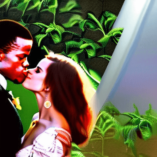 AI generated: A white Emma Watson as a member of an African tribe kiss dark man 