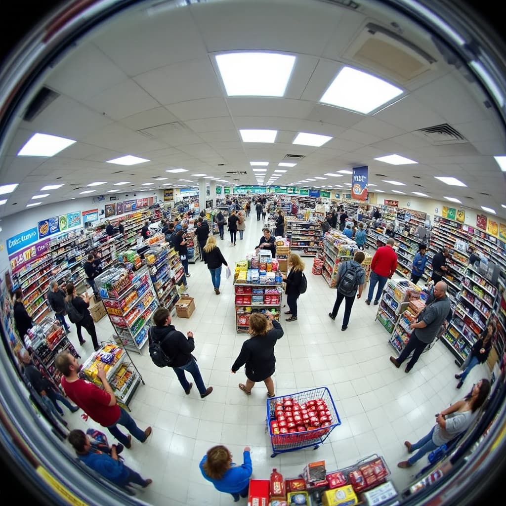 AI generated: A fisheye lens view from a ceiling-mounted security camera in a convenience store. The image shows m...