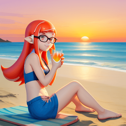 AI generated: Inkling Girl sitting at the beach, sunset, sipping soda