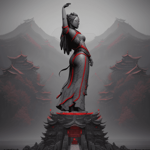 AI generated: a large statue with a woman looking at it, in the style of unreal engine 5, northern china's terrain...
