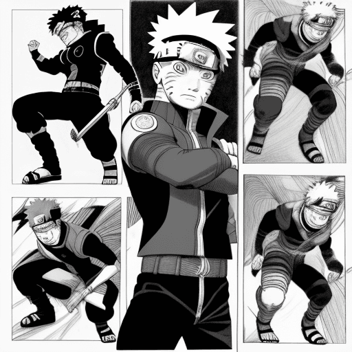 AI generated: a comic drawing of Naruto, close up shot, in the style of Neal Adams , black background, low angle v...