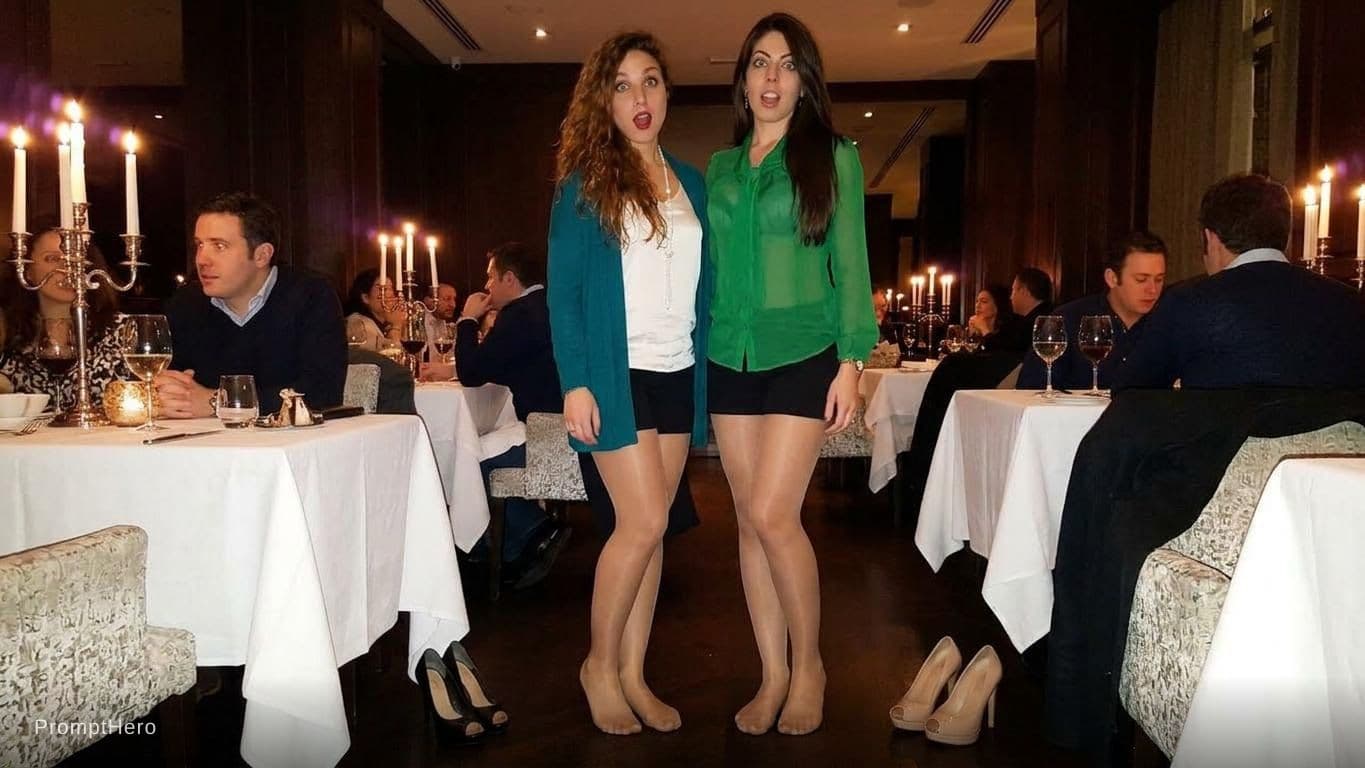 AI generated: No shoes, wearing nylon socks, faces supprised