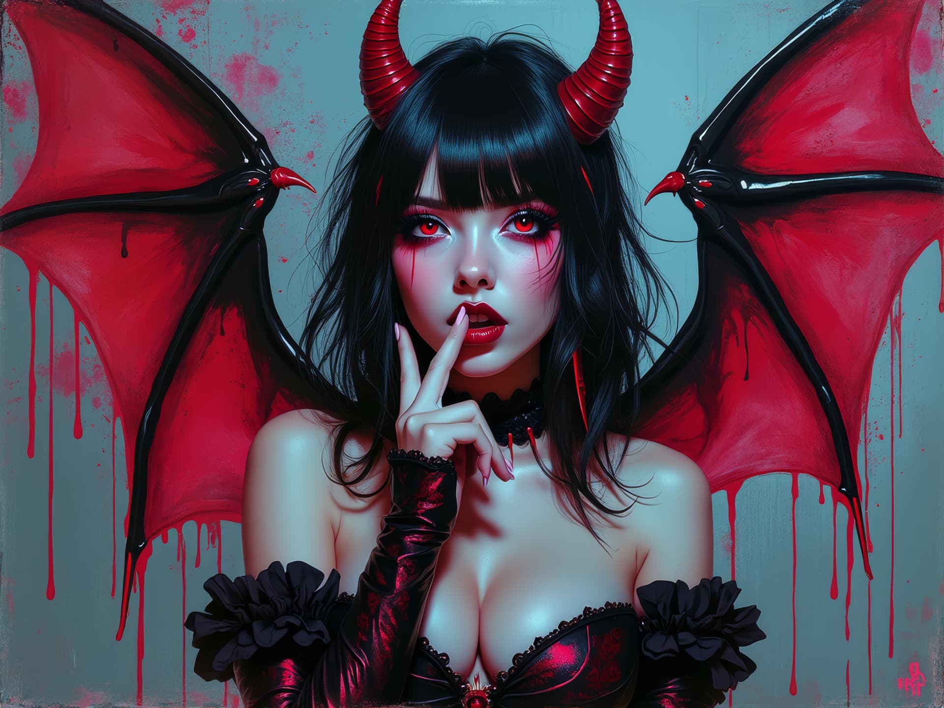 AI generated: neon splash poster art, upper body painting of goth oriental succubus, masterpiece, detailed face, u...