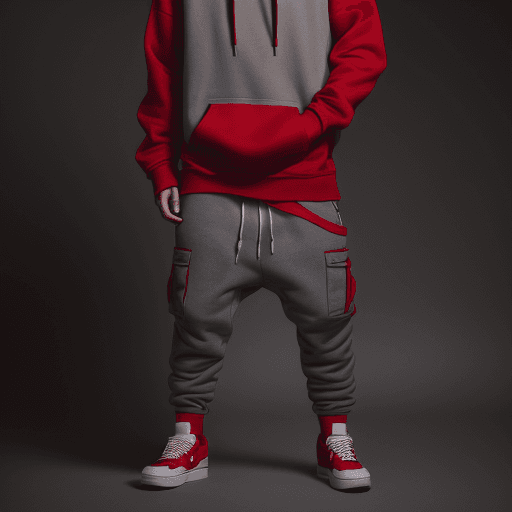 AI generated: capturing a model, man wearing basic hoodie, matte red, dark grey cargo jogger pant, skate shoes, hi...