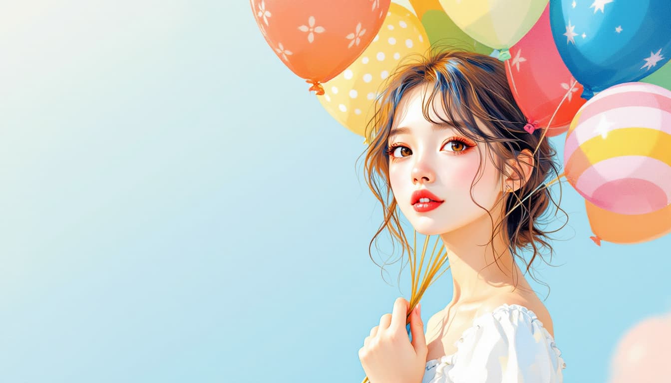 AI generated: Flat illustration, line art, A lovable and charming girl holding style balloon bouquet, charismatic ...
