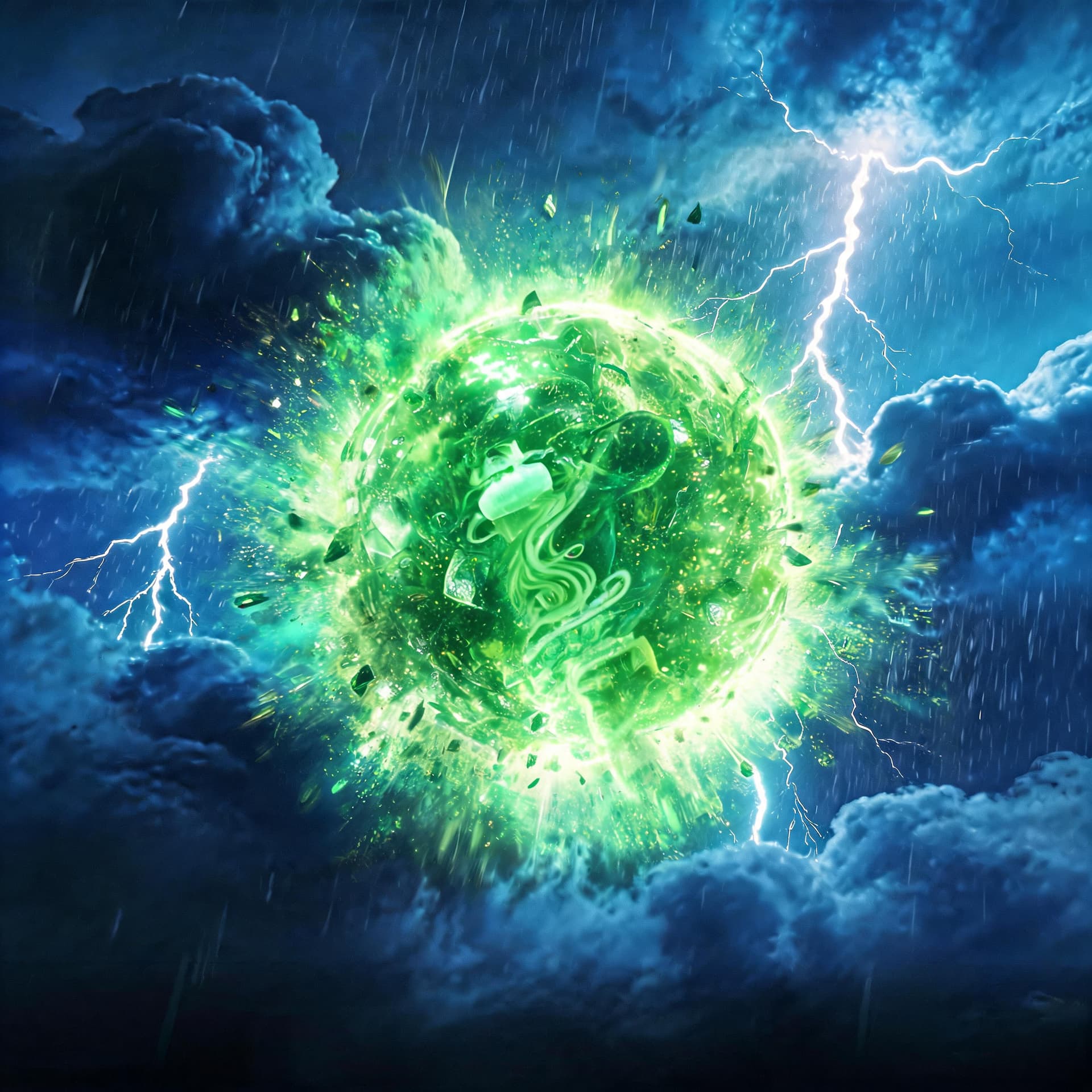 AI generated: Massive extraterrestrial gamma-energy explosion erupting high within Earth’s storm atmosphere at nig...