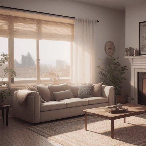 AI generated: zoom in living room, natural light, cozy style, imaginary 3d dreamy, 8k blender architecture render ...