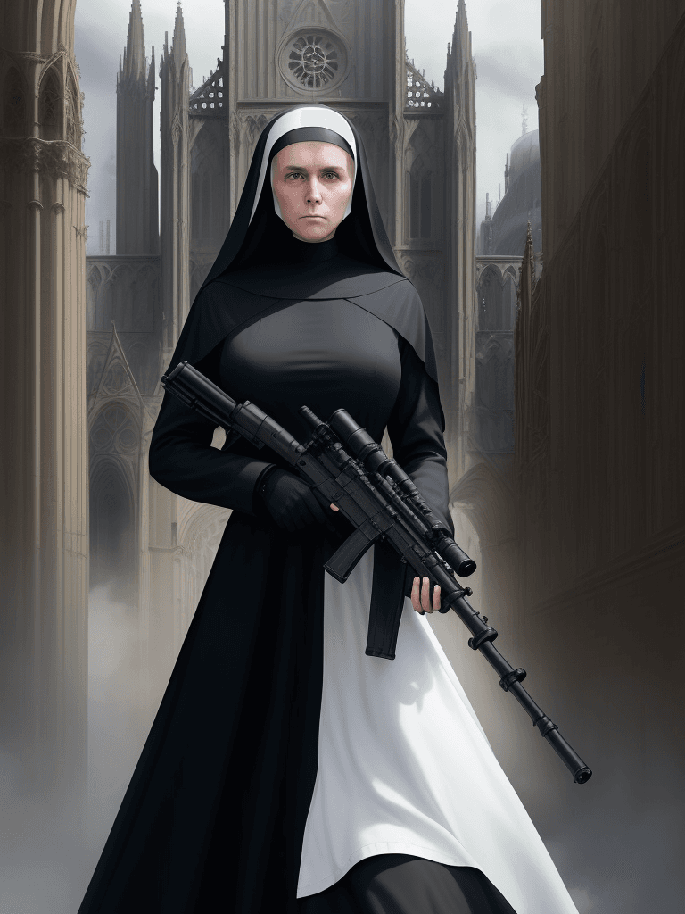 AI generated: nuns with guns, a beautiful nun holding a large machine gun, a cathedral in the background, beautifu...