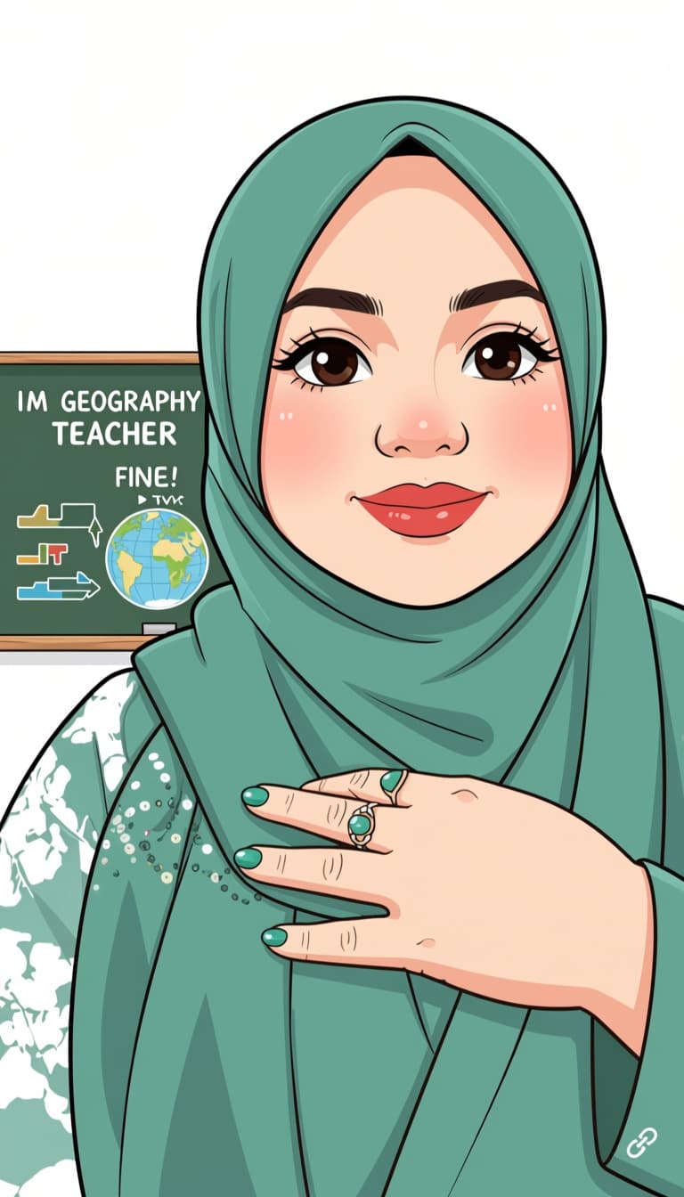 AI generated: These are pictures of me. Make a vvv cute caricature of me in AI form. Remember, I'm a geography tea...