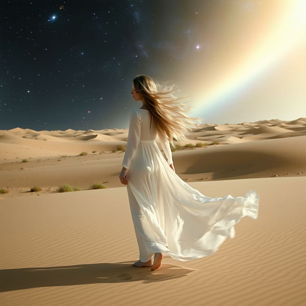 AI generated: A melancholic desert seer, her long hair absorbing light, and her skin appearing to shift like the s...