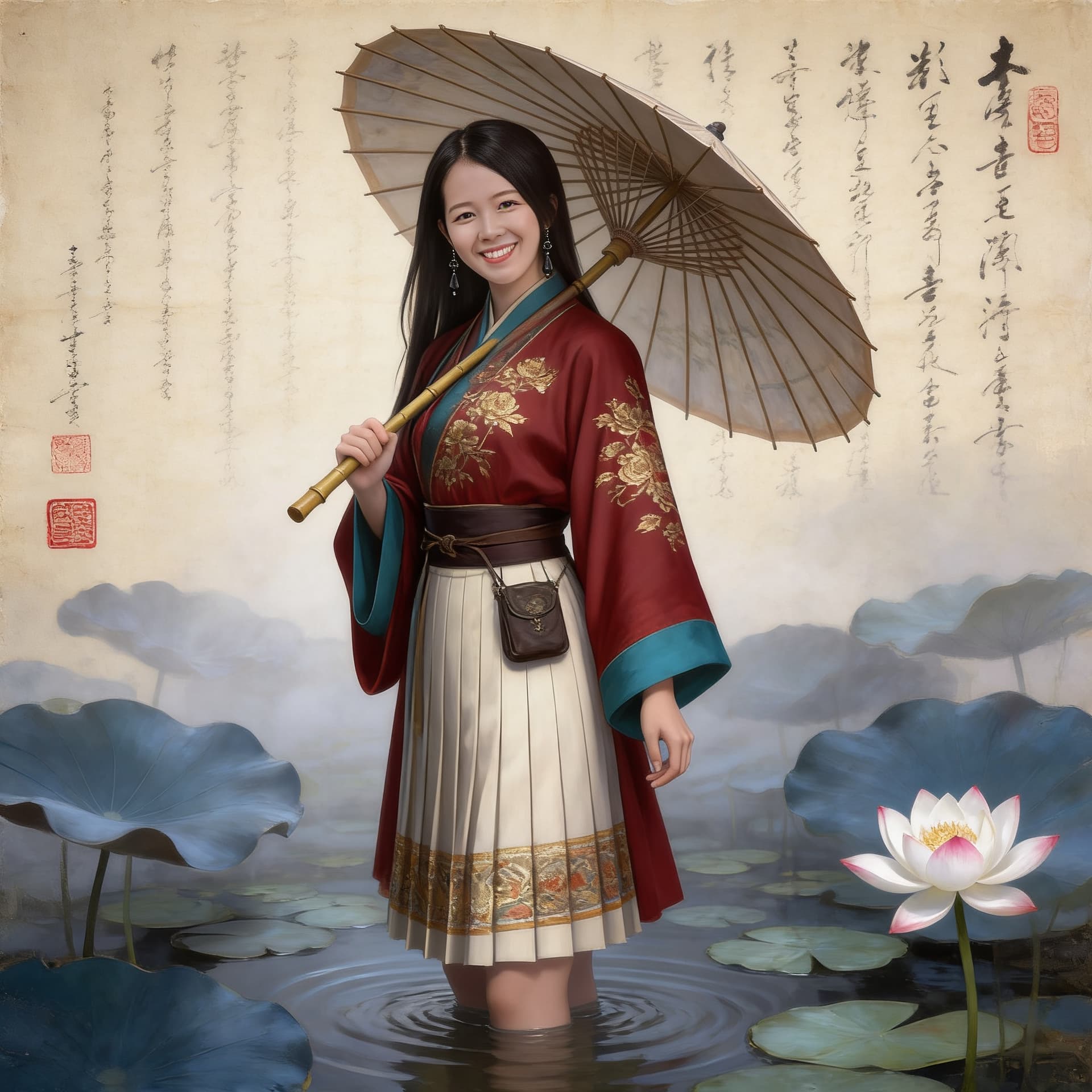 AI generated: The image is a vertical, high-quality illustration of a young woman in traditional Chinese Hanfu, st...
