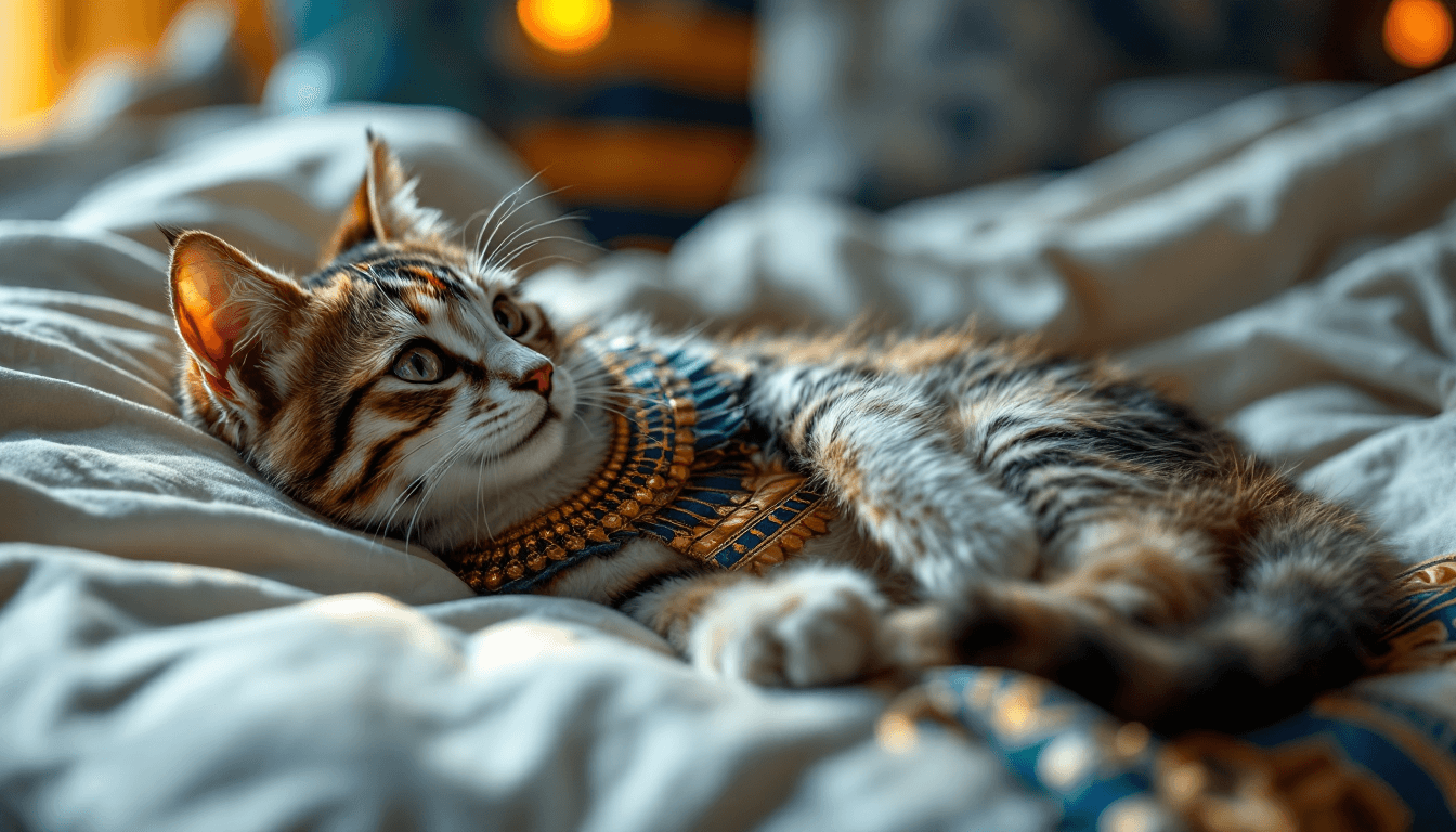 AI generated: (hyper-detailed) (8K) photorealistic image of an Egyptian cat laying on an  Egyptian style bed.