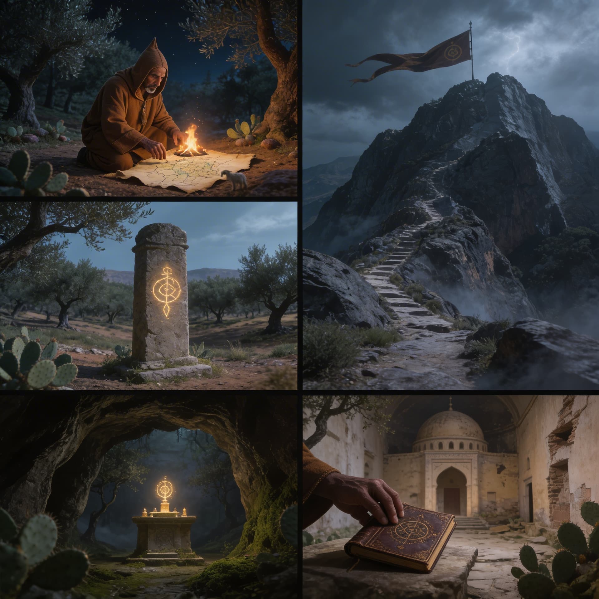 AI generated: Cinematic epic fantasy montage of a lone ranger wearing a traditional Maghrebi brown qashabiya (auth...