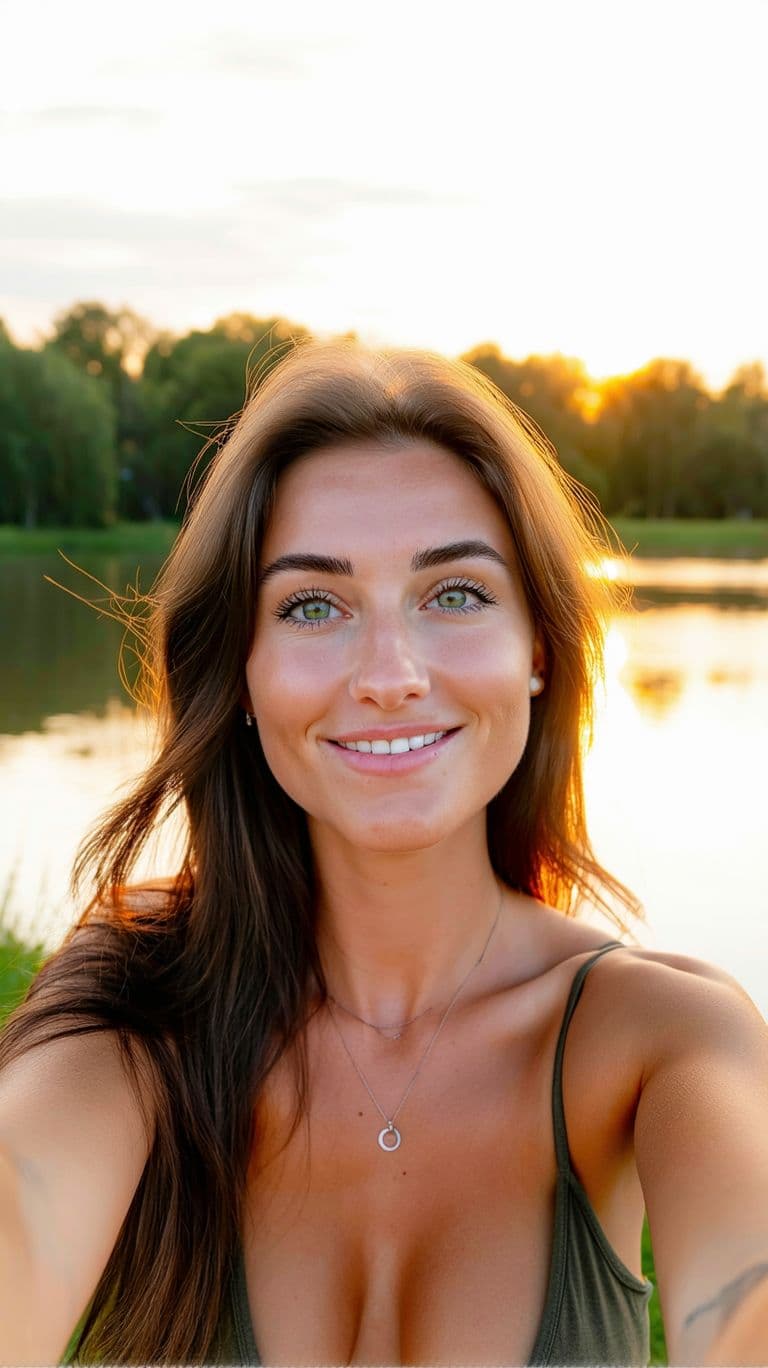 AI generated: A hyper-realistic portrait of an attractive 20-year-old woman taking a selfie in a park during sunse...
