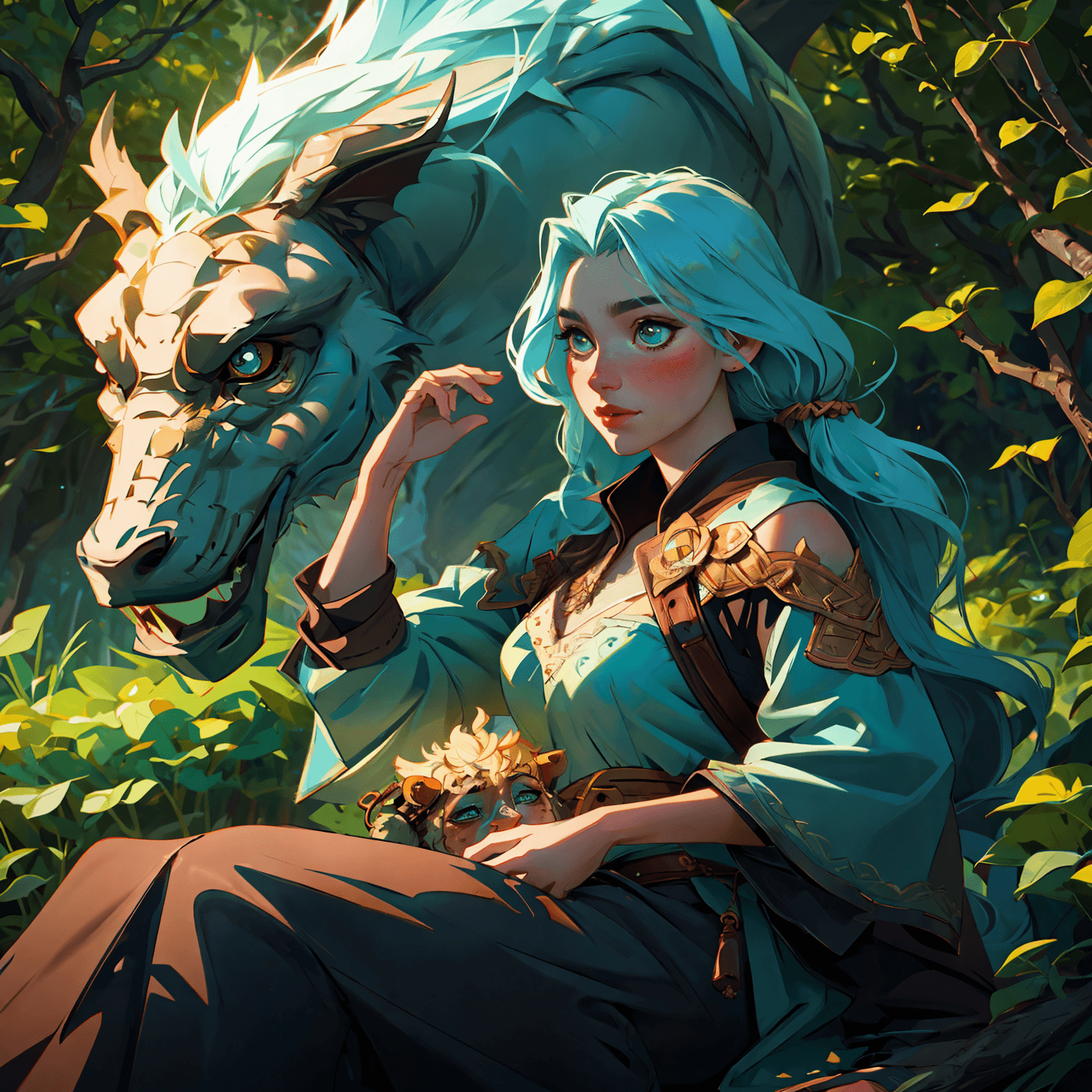 AI generated: a woman sitting on a rock next to a dragon in the woods with her head turned to the side, Clint Cear...