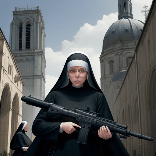 AI generated: nuns with guns, a beautiful nun holding a large machine gun, a cathedral in the background, beautifu...
