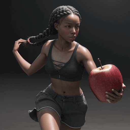 AI generated: Black girl with braids holding apples runs from people chasing her, hyper-realism, high detail, octa...