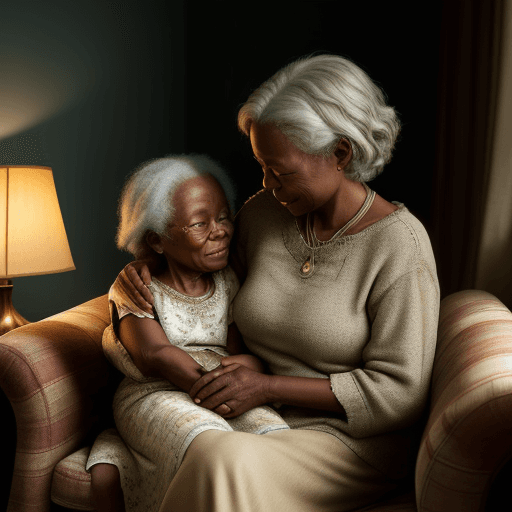 AI generated: The cosy glow of a lamp casts a soft light across the room, where an elderly African woman in her 70...