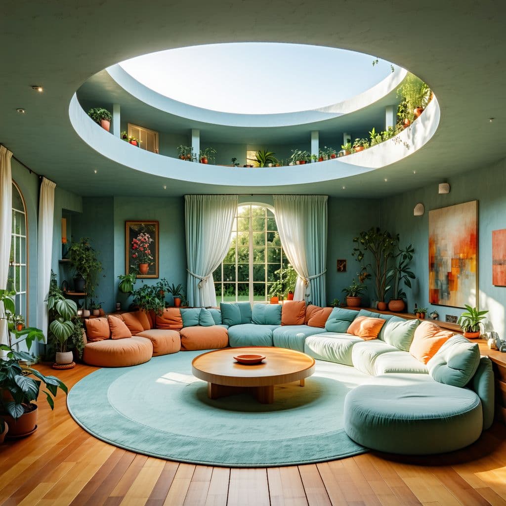 AI generated: High resolution photography interior design, dreamy sunken living room conversation pit, wooden floo...