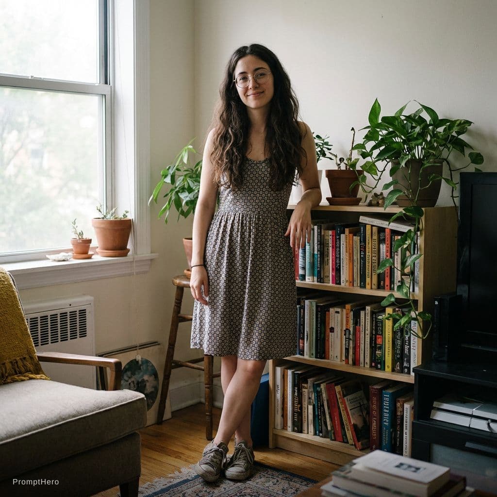 AI generated: A 21 years old white latina woman, medium breast, slim-curvy, small, standing casually in a relaxed ...
