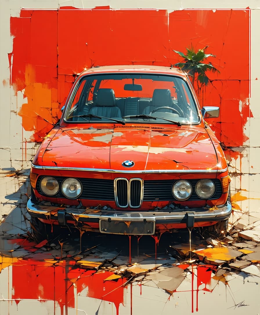 AI generated: Comic book illustration of a BMW, in the style of Alex Ross, gritty reportage, kombuchapunk, rusty d...