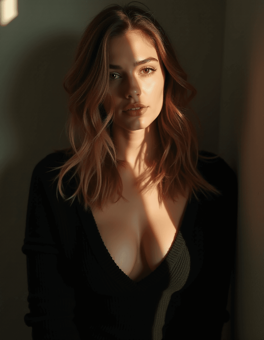 AI generated: instagram photo, photo of 23 y.o Chloe in black sweater, cleavage, pale skin, (smile:0.4), hard shad...