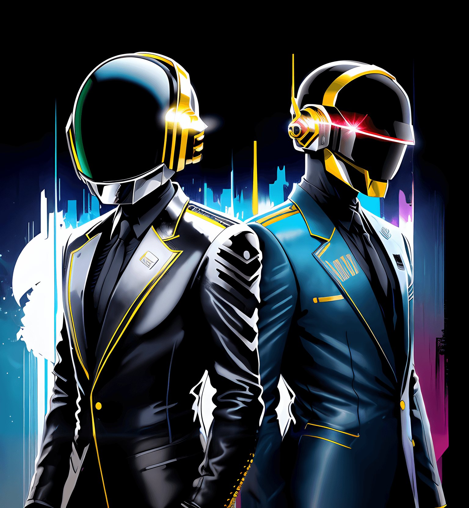 AI generated: Daft Punk in cyber punk style , digital illustration, disney, rule 63, full body, perfect anatomy, p...