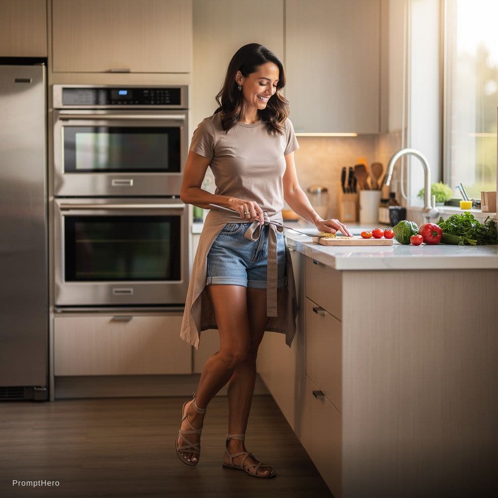 AI generated: Woman in kitchen wearing only an apron and sexy flat sandals.