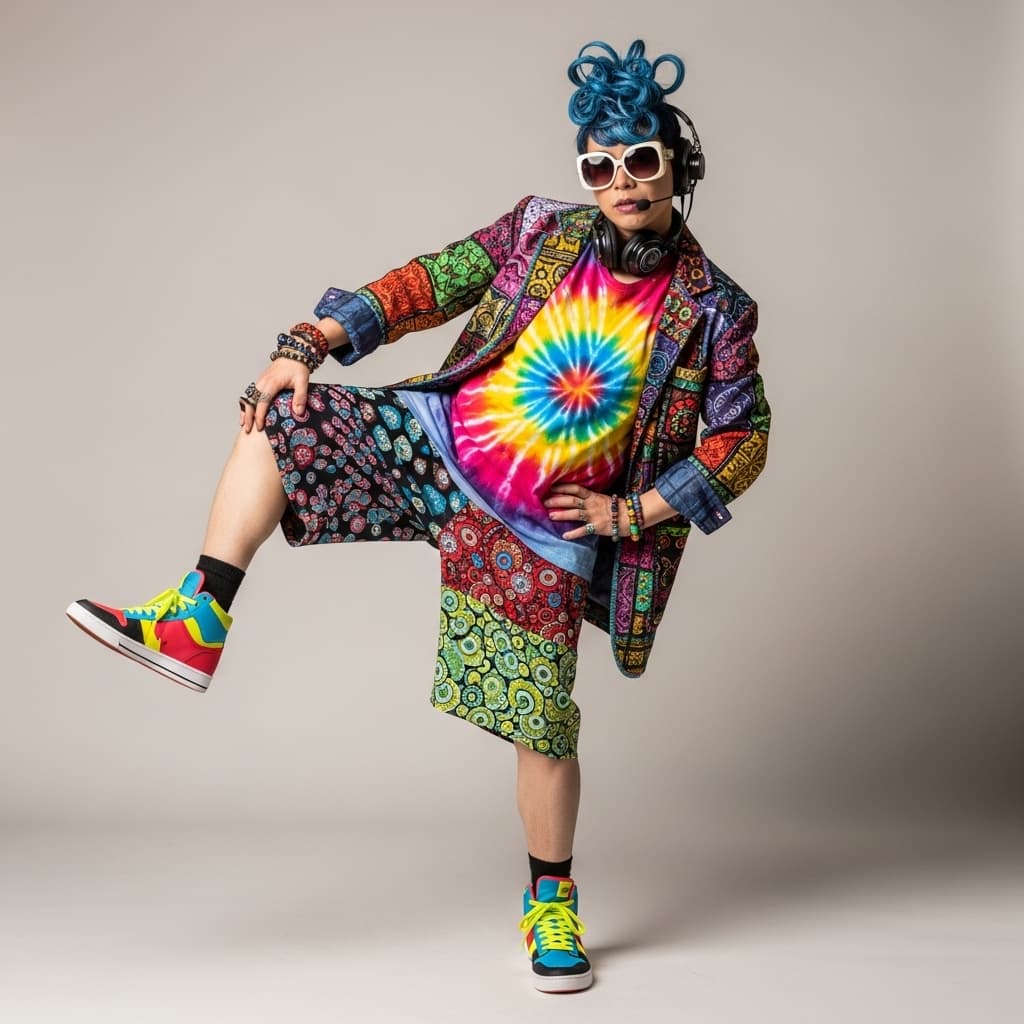 AI generated: a person posing in an eclectic and colorful outfit. They are wearing a vibrant jacket with patches, ...
