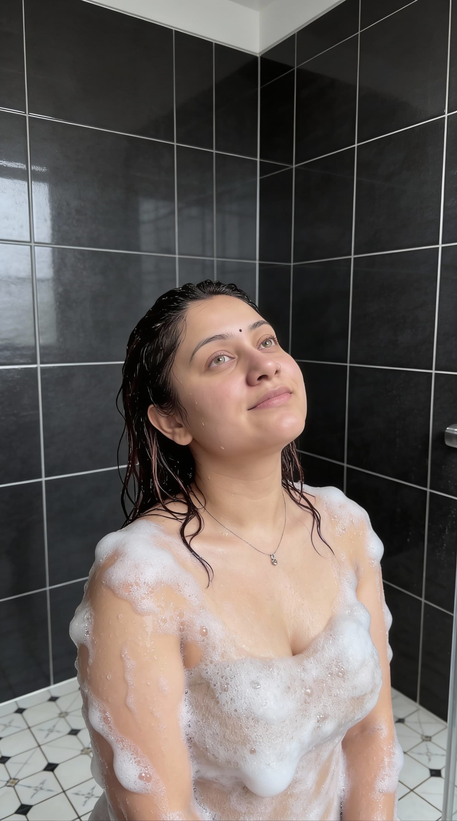AI generated: The image shows an adult woman in a tiled shower area. She is wet and covered with soap suds across ...