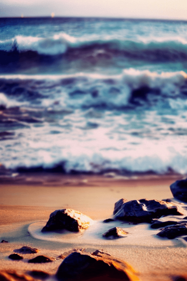 AI generated: waves crashing on the beach at sunset, tilt-shift, golden hour, vibrant colors, kodak ektar 100, fil...