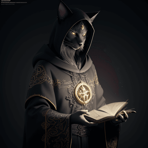 AI generated: Fantasy, anthropomorphic cat wizard necromancer in a long black robe embroidered with golden runes, ...