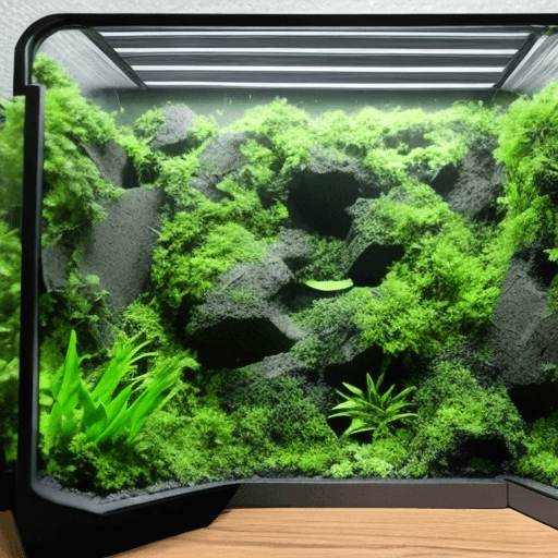 AI generated: dark and green vegetation diorama in an terrarium embeded in a wall  in an diagonal reactangle going...